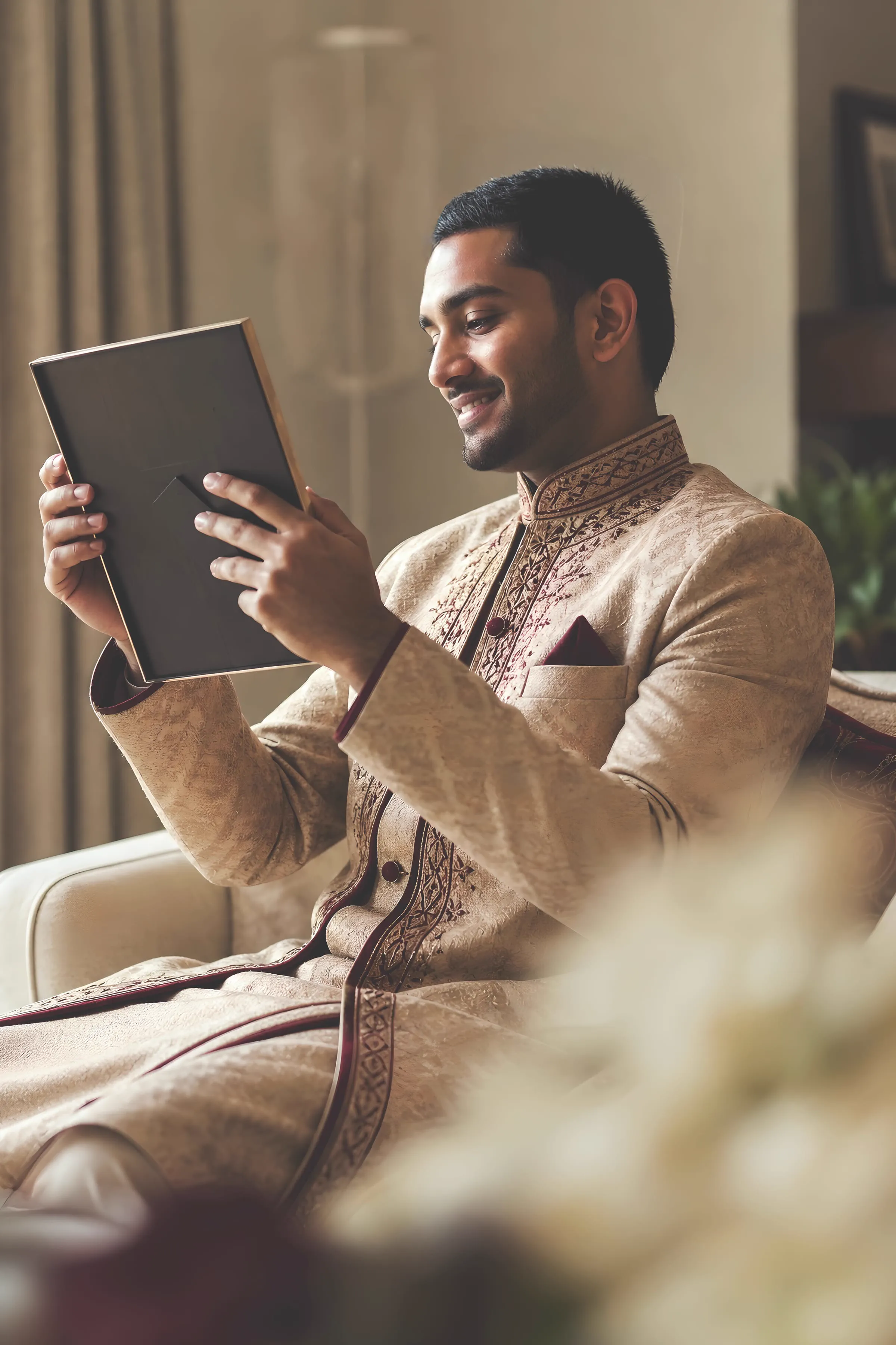 A groom in a traditional embroidered sherwani smiles at a framed photograph while getting ready.
