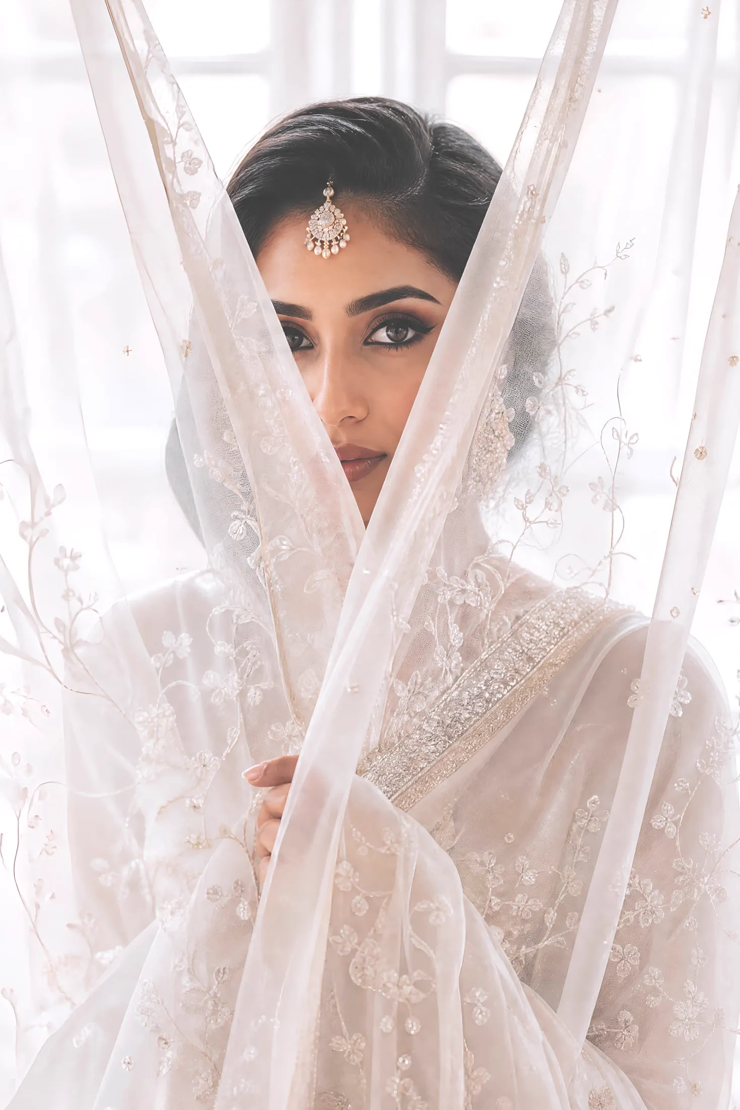 A bride is framed behind sheer veil fabric in a backlit portrait.