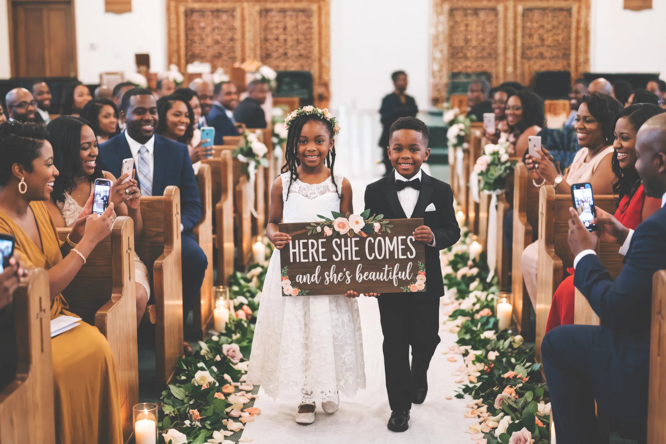 Young attendants walk down a flower-lined ceremony aisle carrying a sign.