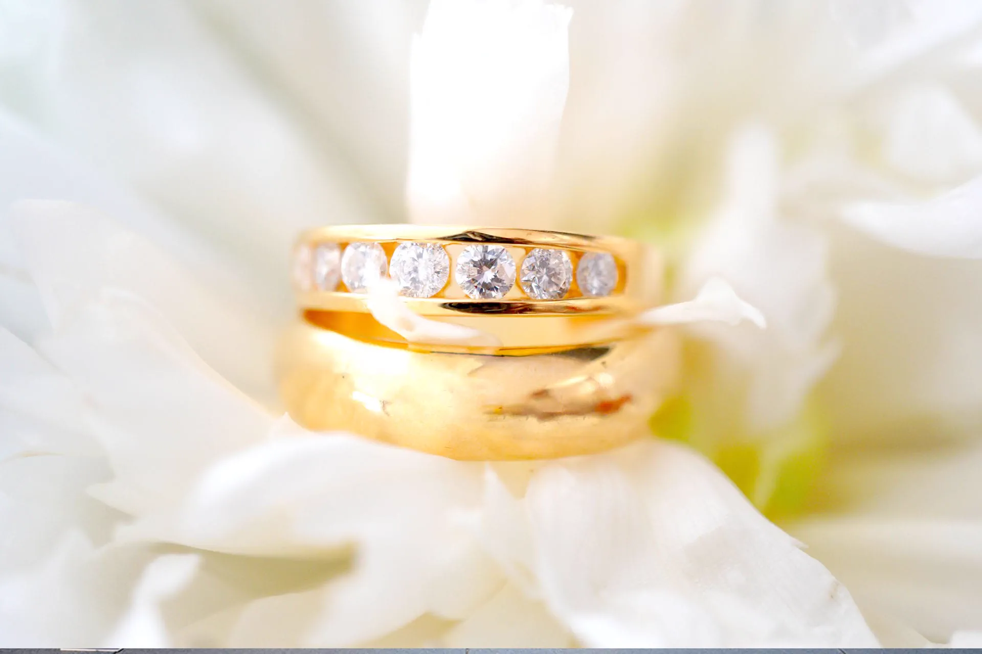A macro detail of stacked wedding rings nestled among white flower petals.