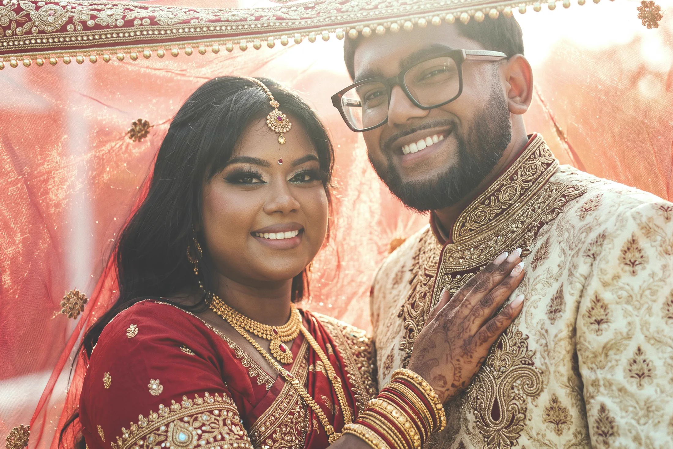 A South Asian newlywed couple smile beneath a red ceremonial veil.
