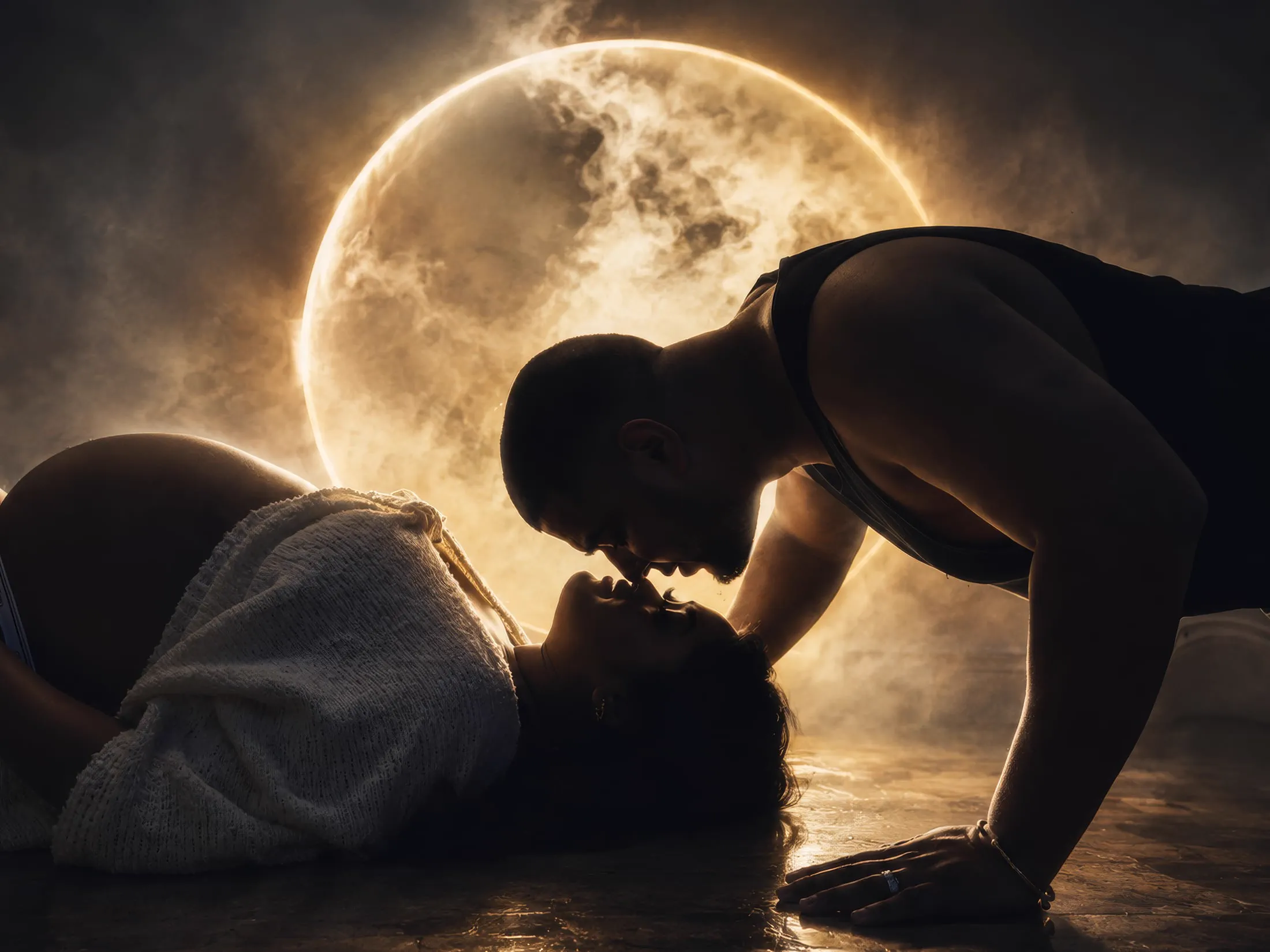 An expecting couple share a kiss in silhouette before a glowing moon.