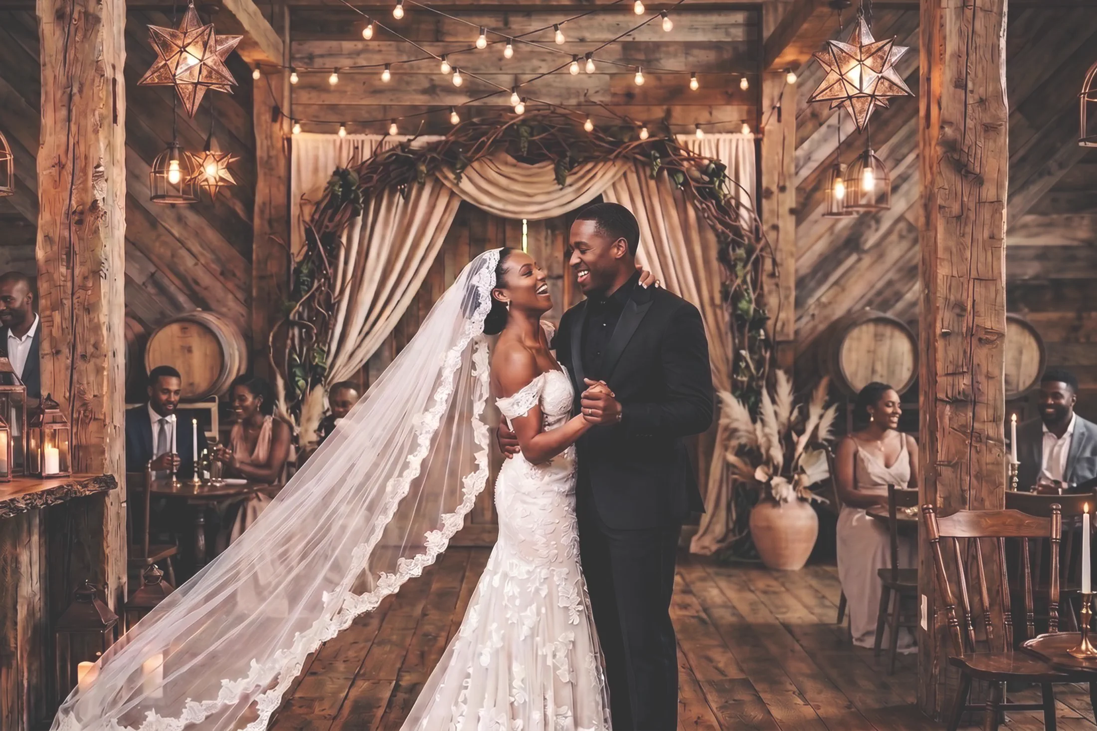 A bride and groom share a candlelit dance in a warm, wood-lined reception room.