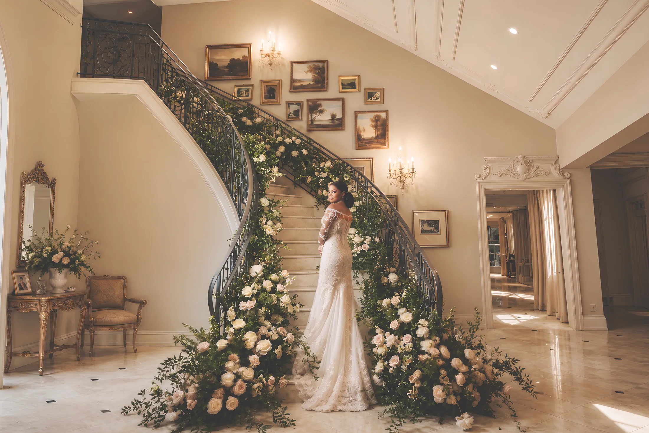 A bride stands on a sweeping staircase surrounded by cascading white flowers.